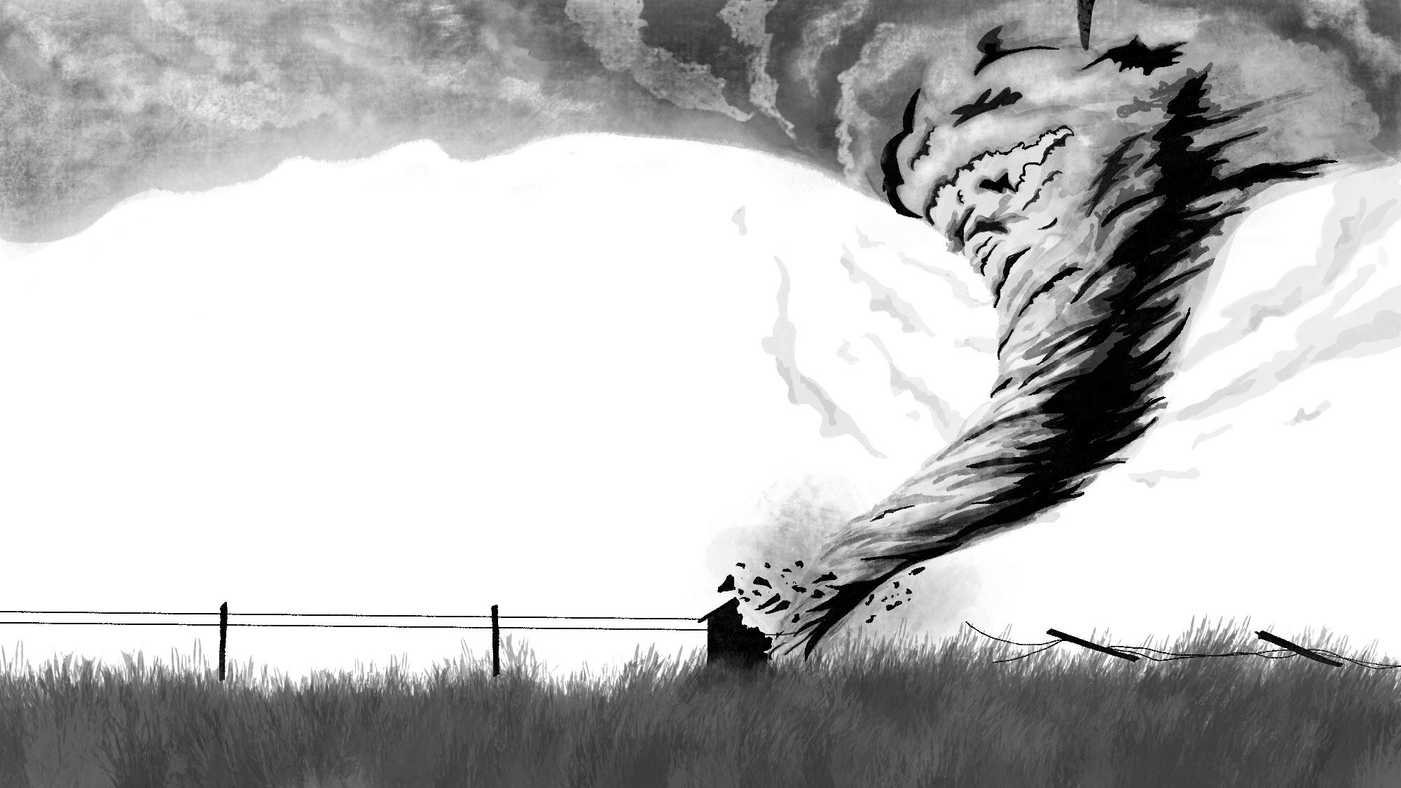 A digital drawing of a tornado hitting a house.