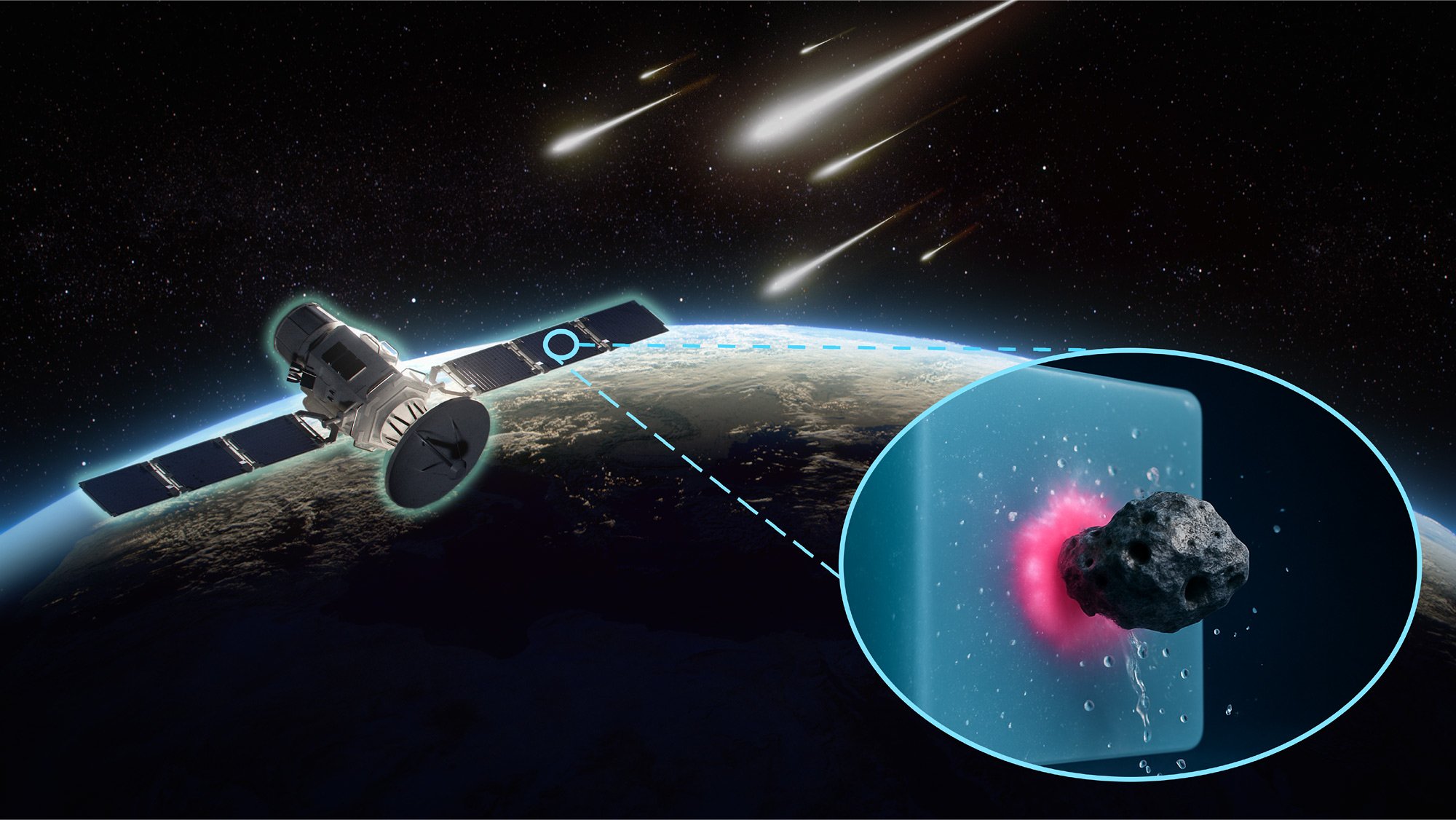 A satellite in Earth’s orbit with meteors headed towards it and a close-up of a self-healing polymer in action.
