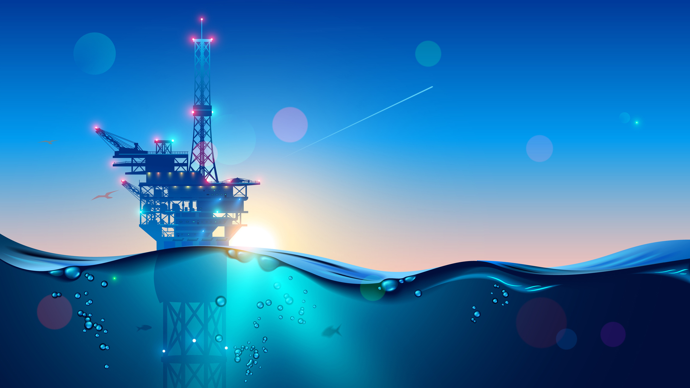 An image of an offshore oil rig above and below water.