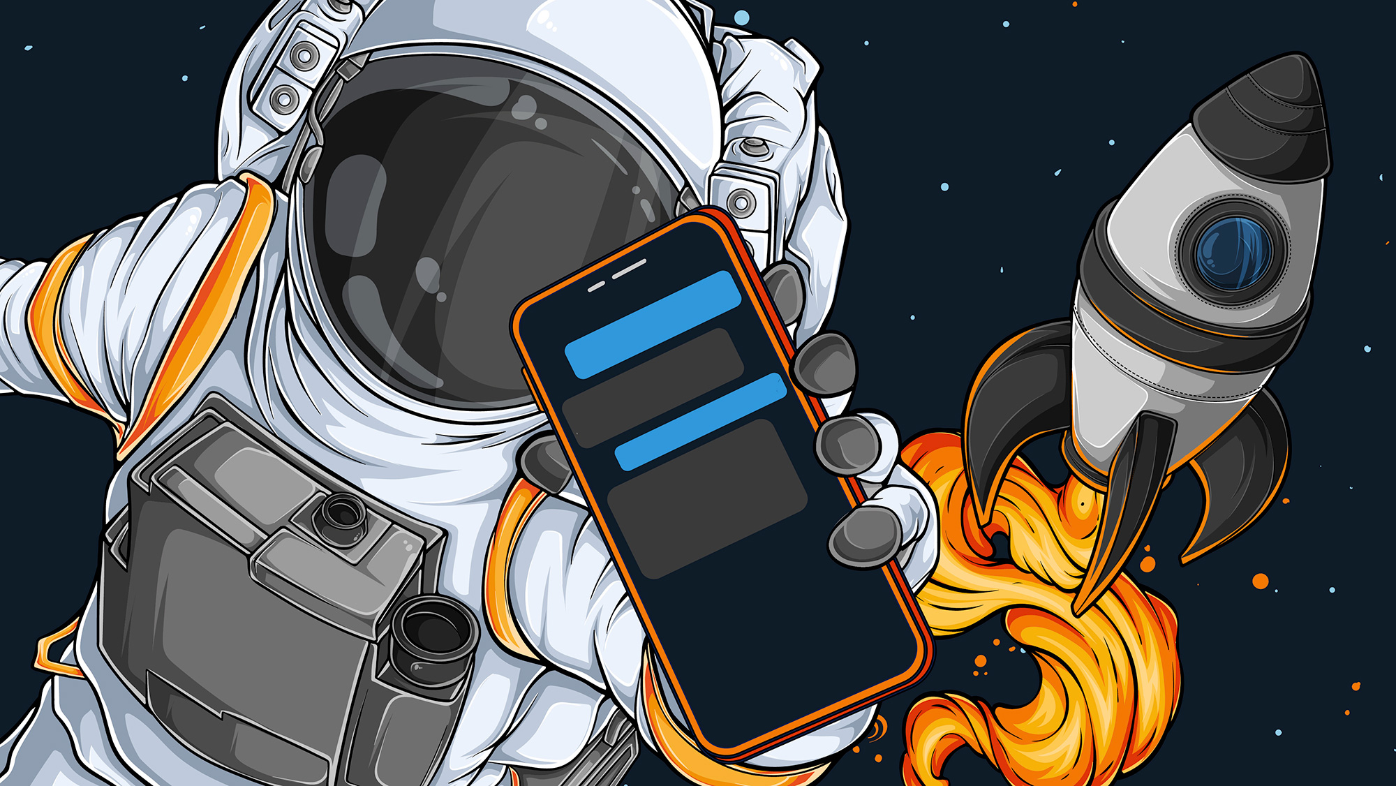 A cartoon astronaut holding a phone with a rocket in the background.