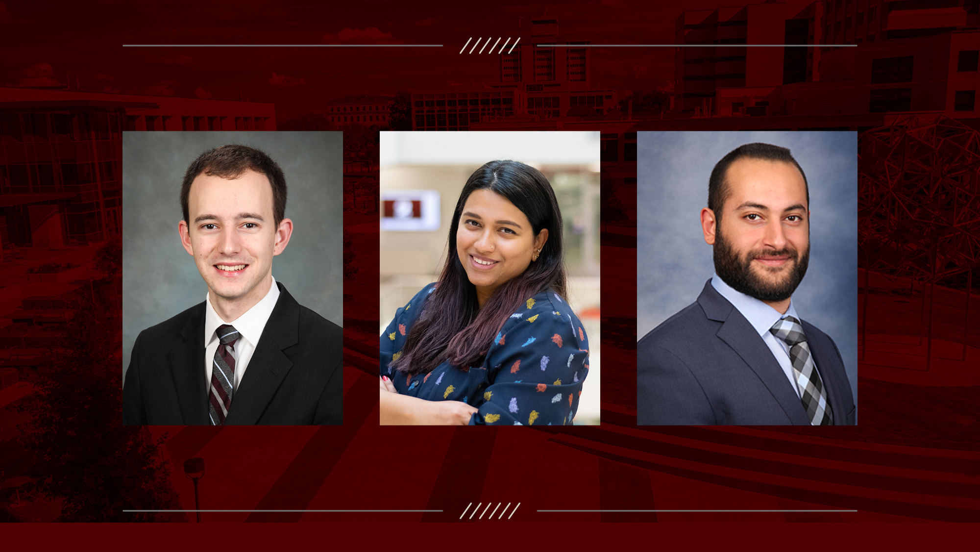 Three headshots on a maroon background.