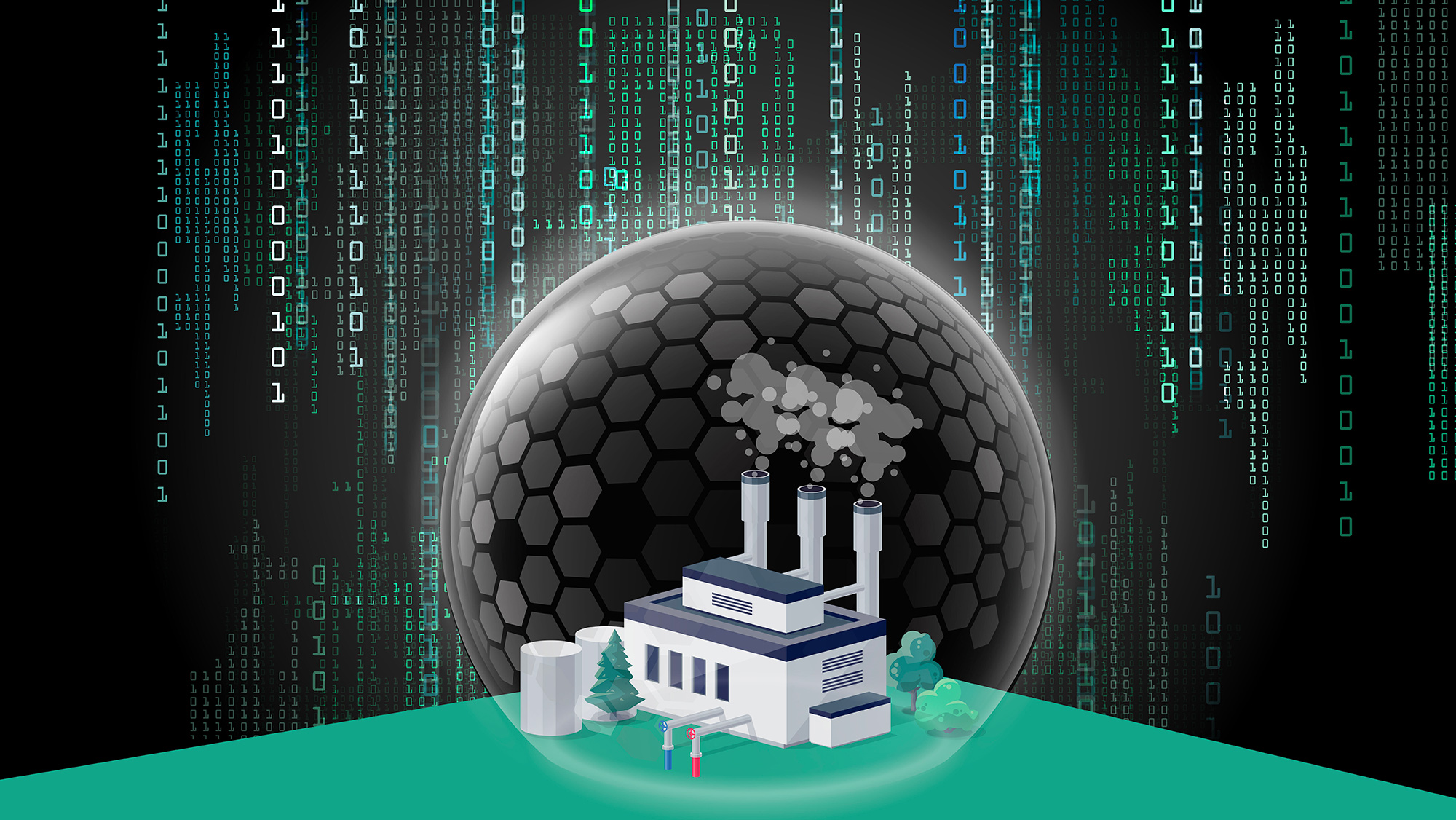 A factory surrounded by a force field, with a binary code background.