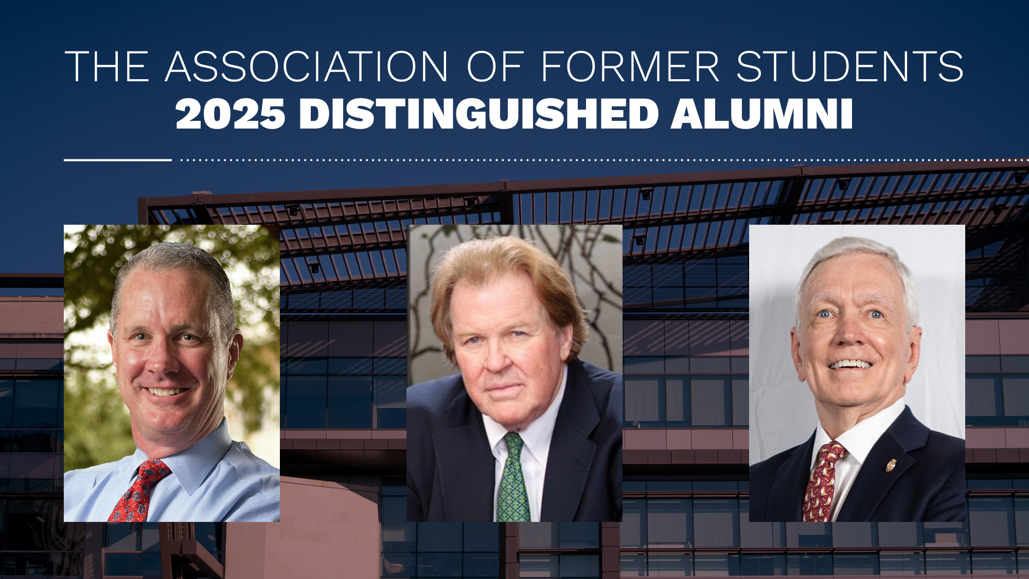 A graphic of three headshots that reads The association of former students 2025 distinguished alumni.