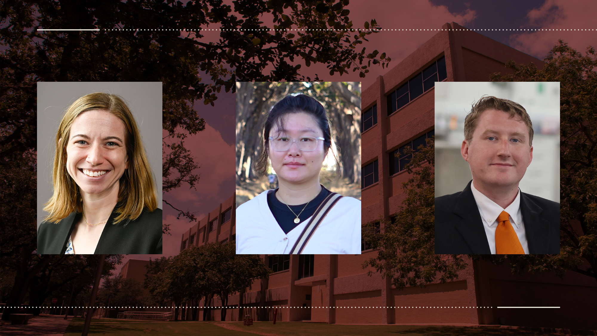 Headshot images of Dr. Alexandra Easley, Dr. Tianyang Zhou, and Dr. Timothy Brown on a maroon background.
