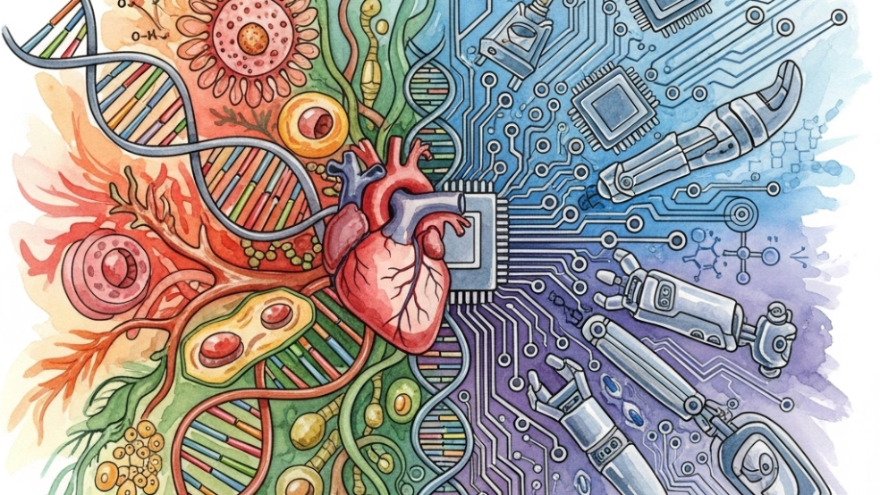 An illustration of a  human heart surrounded by biomedical engineering elements. 