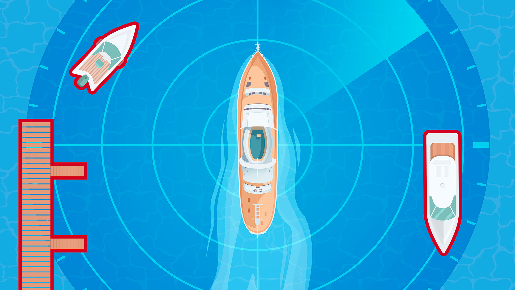 Radar image of a ship with nearby obstacles outlined in red.