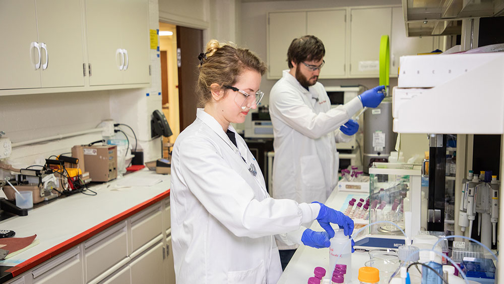 A man and a woman wearing white lab coats, safety goggles and blue latex gloves work in a chemistry lab pipetting chemicals.