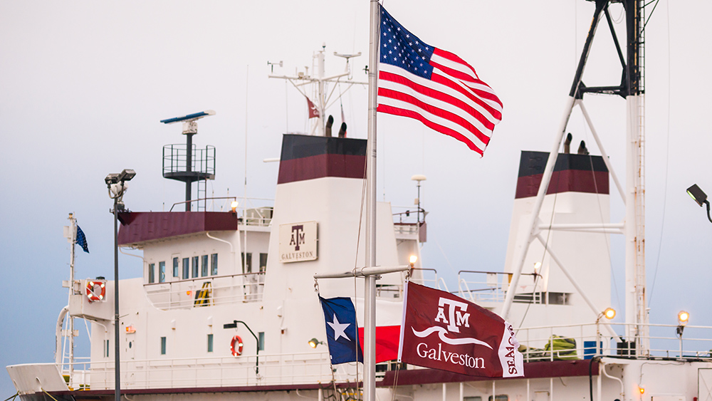 A ship with the Texas A&amp;M Galveston logo proudly displays the American flag, Texas Flag and Texas A&amp;M Galveston flag blowing in the wind.