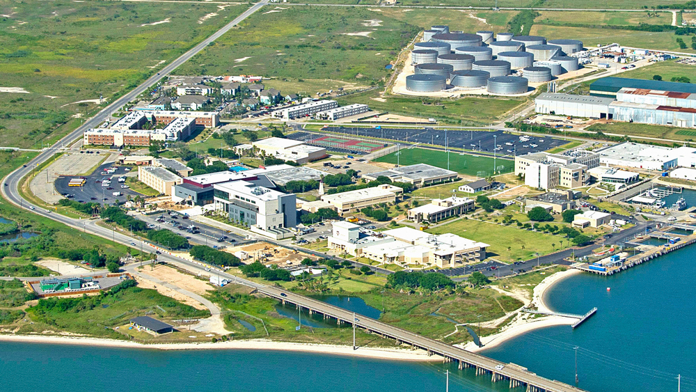 An aerial shot of Galveston campus
