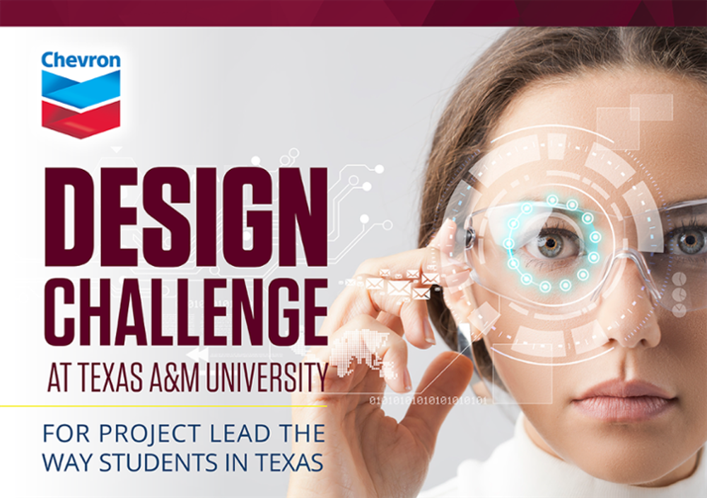 Chevron logo and a woman with wearable technology. Text across the image says Design Challenge at Texas A&amp;M University for Project Lead The Way Students in Texas