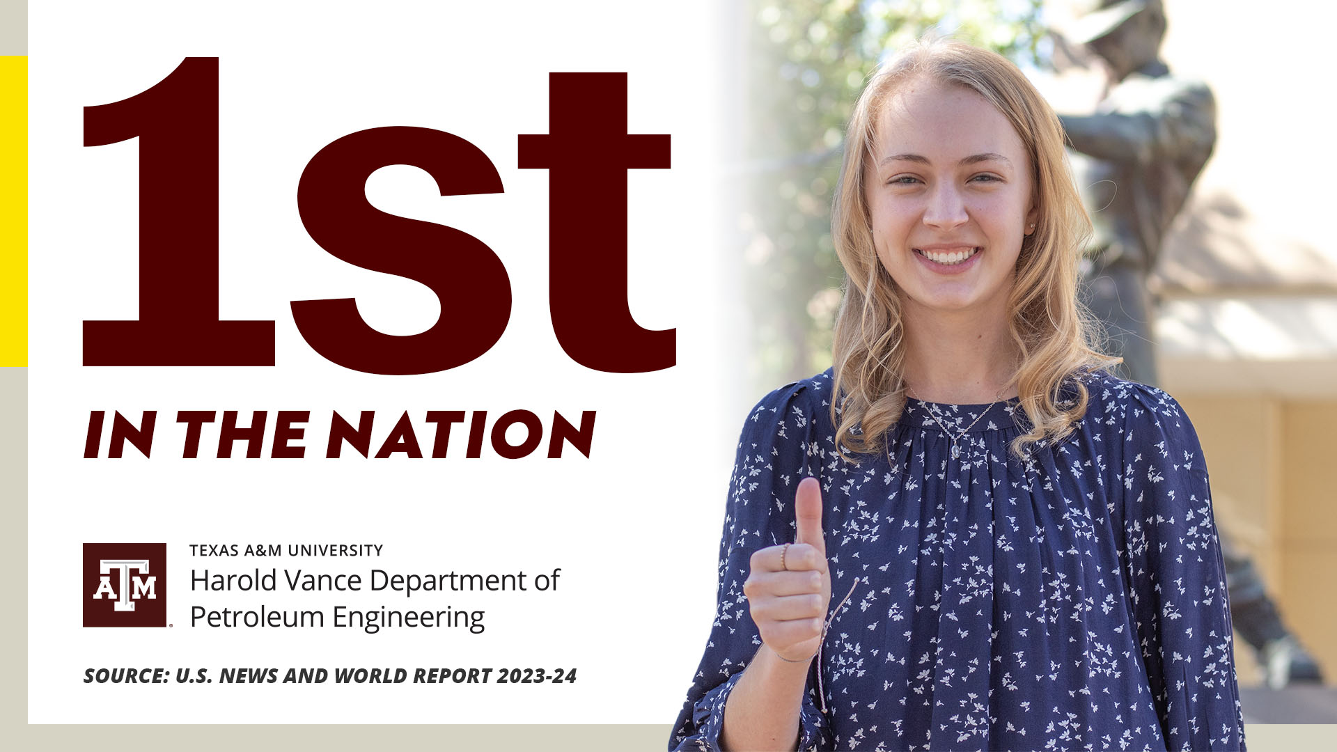 department of petroleum engineering logo with text '1st in the Nation per U.S. News and World Report, 2024' superimposed on image of young female undergraduate student.