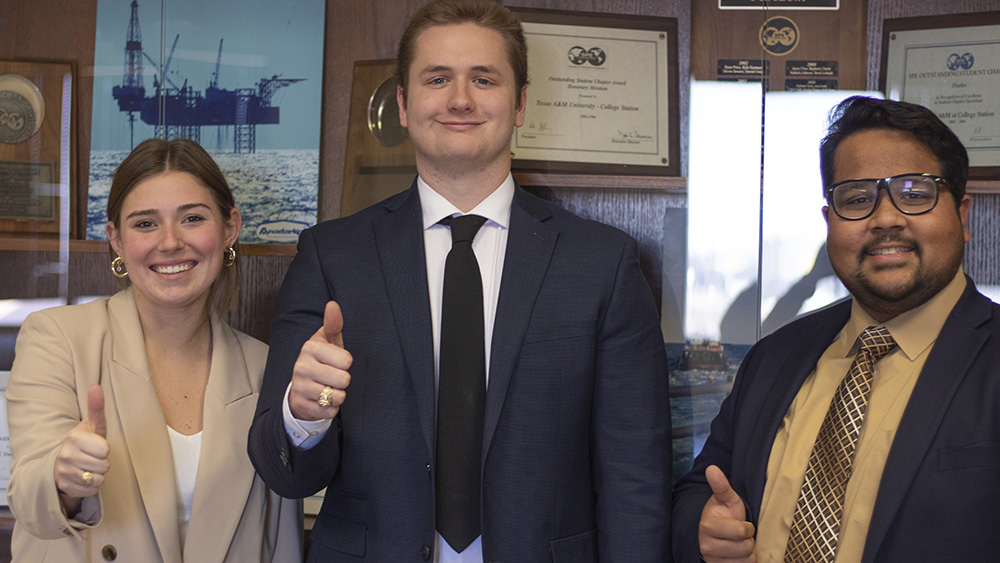 three smiling senior student winners of the Harold Vance Department of Petroleum Engineering student paper contest