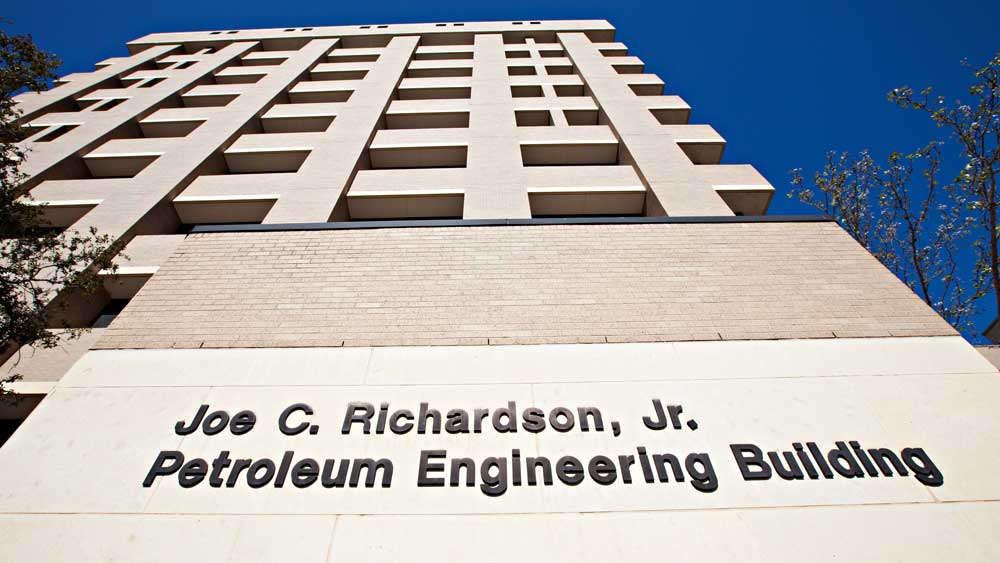 view of the Joe C. Richardson petroleum building looking up at the sky above it
