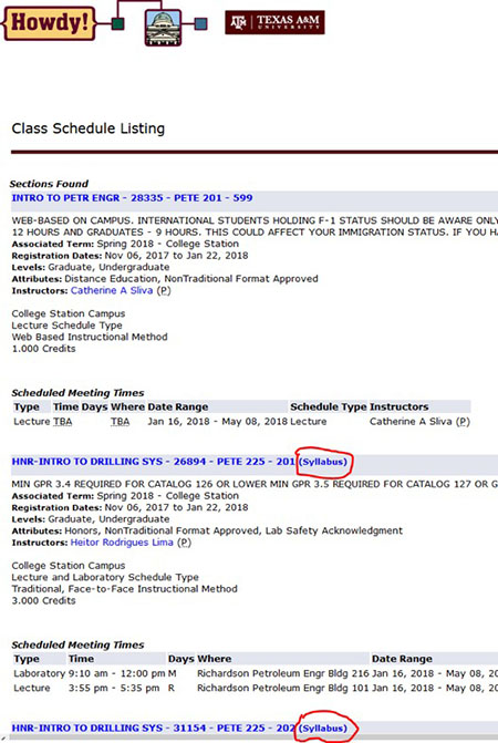 screen shot of Howdy showing location of syllabus link