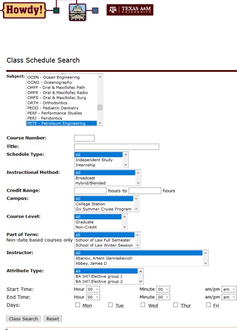 screen shot of Howdy class schedule search showing subject choices and other boxes to select