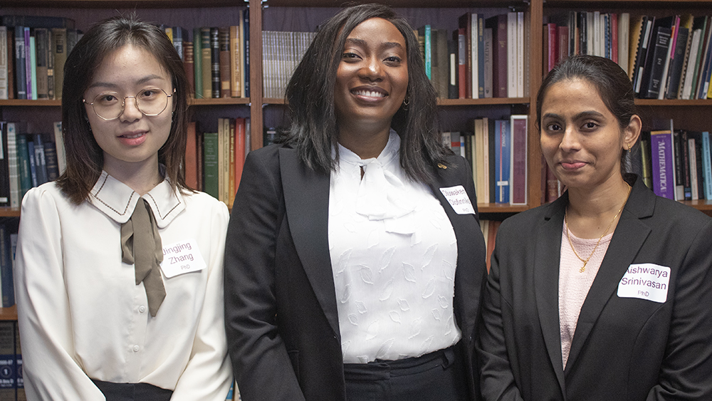 from left to right, the first, second and third place doctoral student winners in the petroleum engineering 2024 local student paper contest at Texas A&amp;M University