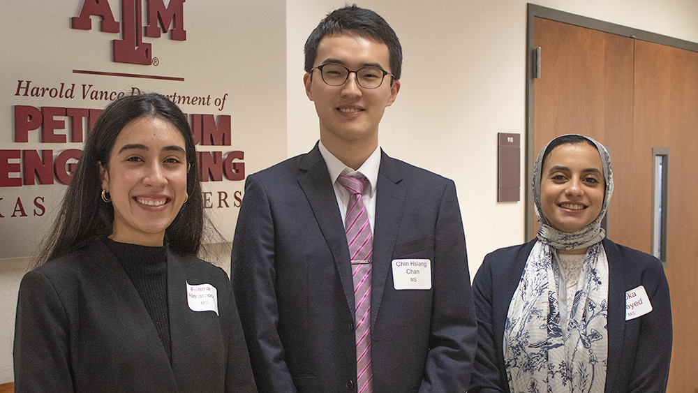 from left to right, the first, second and third place masters student winners in the petroleum engineering 2024 local student paper contest at Texas A&amp;M University