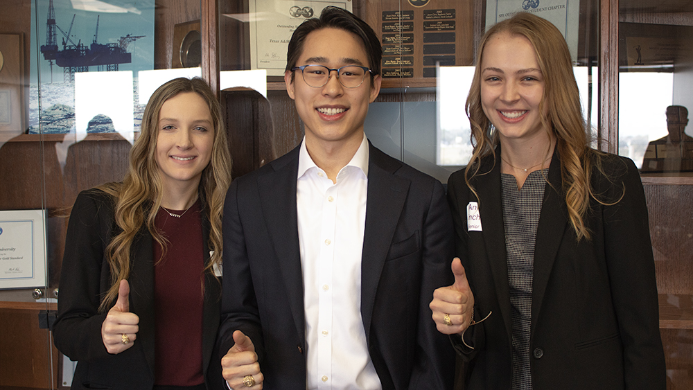 from left to right, the first, second and third place senior student winners in the petroleum engineering 2024 local student paper contest at Texas A&amp;M University