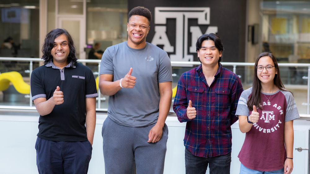 Four first-generation students in the Zachry Engineering Education Complex.